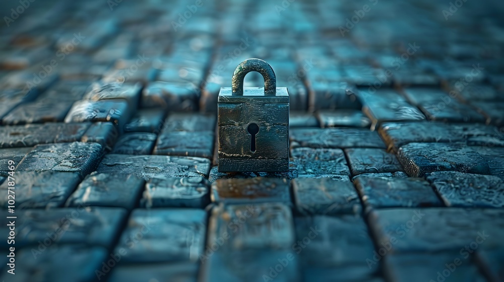 Poster fortified padlock icon made of bricks symbolizing secure digital access