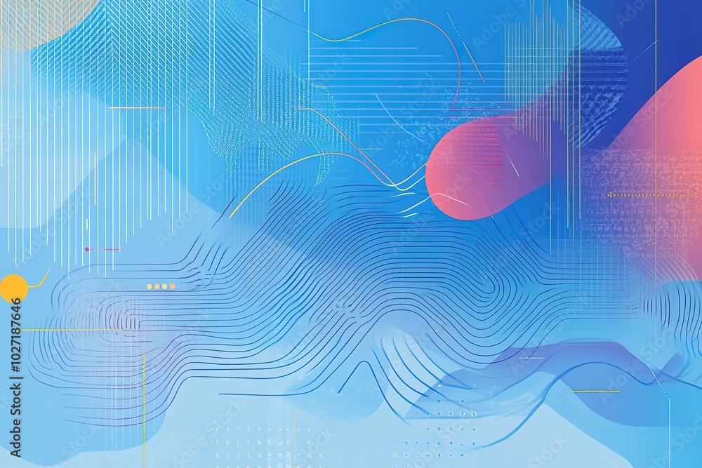 Poster blue background with simple shapes and fluid lines, featuring soft gradients in shades of blue for a