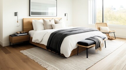 Modern bedroom interior with wooden bed frame, white bedding, and gray throw blanket, featuring a bench, side table with books, pendant lights, armchair, large window, and light wood flooring.