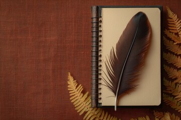 Notebook with feather on rustic background, ideal for writing or creative inspiration.