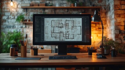 Computer screen showing architectural blueprint in modern home office, digital design workspace, professional architecture project, home office interior, creative desk setup, technical planning
