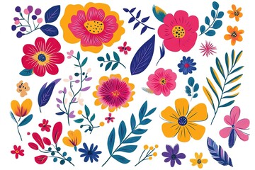 flat style colorful flowers and floral elements collection on a white background