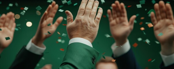 Group of employees high-fiving, confetti falling, joyous atmosphere, [reward celebration], Business concept with selective focus on foreground, copy space for text, ultra HD,