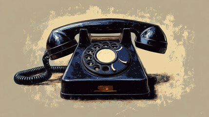 Artistic vintage rotary telephone illustration, retro communication device, classic phone design, nostalgic black telephone, hand-drawn style, old-fashioned technology, antique feel