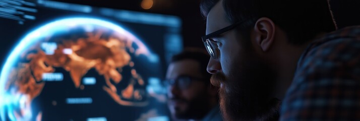 Fototapeta premium A man intently studies a digital map with a glowing planetary view, suggesting he is deeply immersed in exploring global data analytics or technological research.