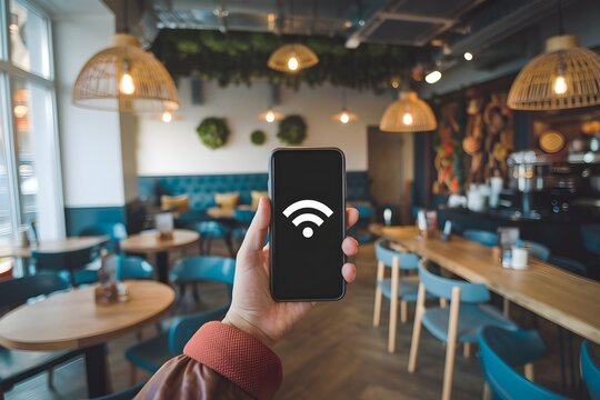 Hand holds smartphone displaying Wi Fi symbol, cozy caf?? background enhances atmosphere