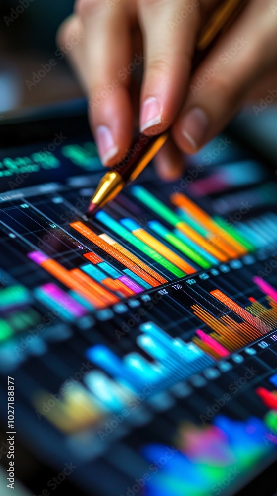 Poster Insurance and financial analyst comparing printed bar graphs with digital data displayed on a tablet Stock Photo with side copy space