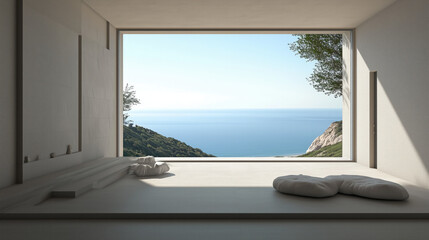 Modern beige living room by sea. Minimalist design. Large window. For stock photo or decor mag.