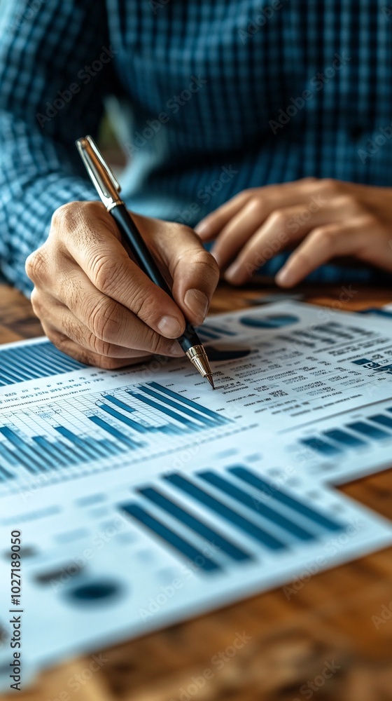 Poster Insurance and financial analyst comparing printed bar graphs with digital data displayed on a tablet Stock Photo with side copy space