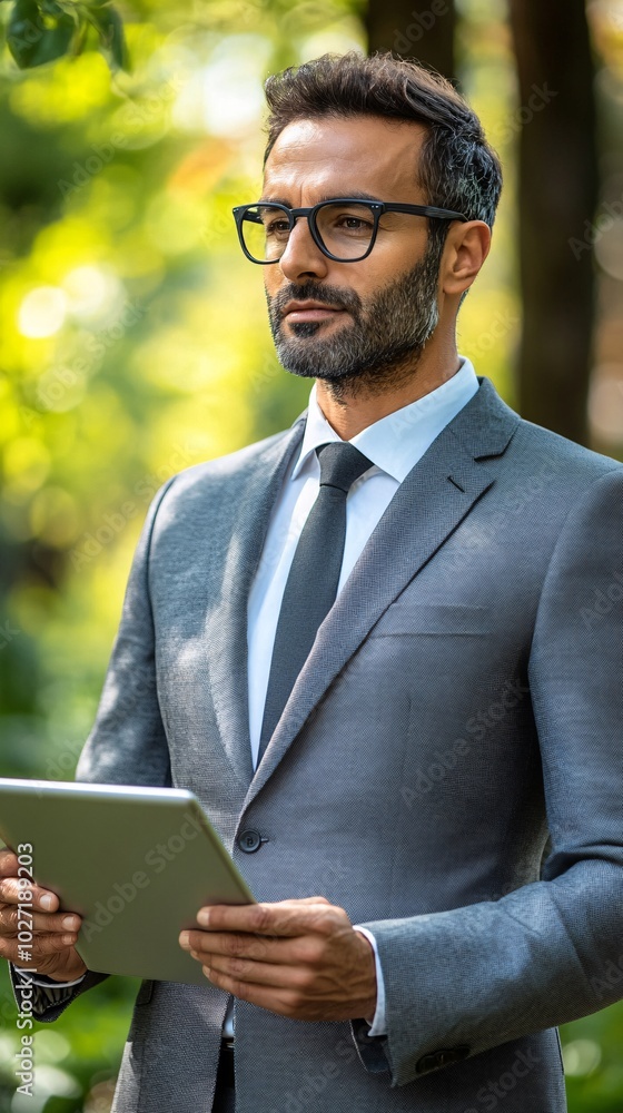 Poster financial planner reviewing insurance policy graphs on both printed documents and a digital tablet s