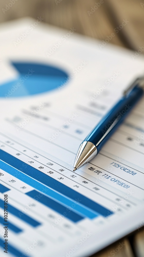 Poster detailed financial chart of insurance market growth displayed on a tablet with printed reports arran