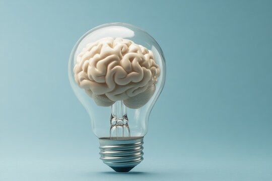 Human brain generating innovative ideas inside light bulb on blue background