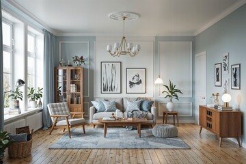 Cozy living room interior design with modern furniture and plants in soft blue tones