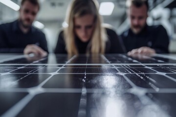 Engineers examining a solar panel in a research laboratory