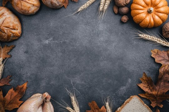 Autumn background with bread pumpkin wheat and raw chicken on slate tablecloth creating copy space frame