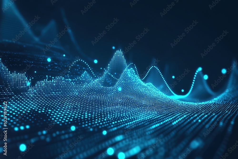 Poster blue grid background with glowing data points and graphs, symbolizing digital technology or social m