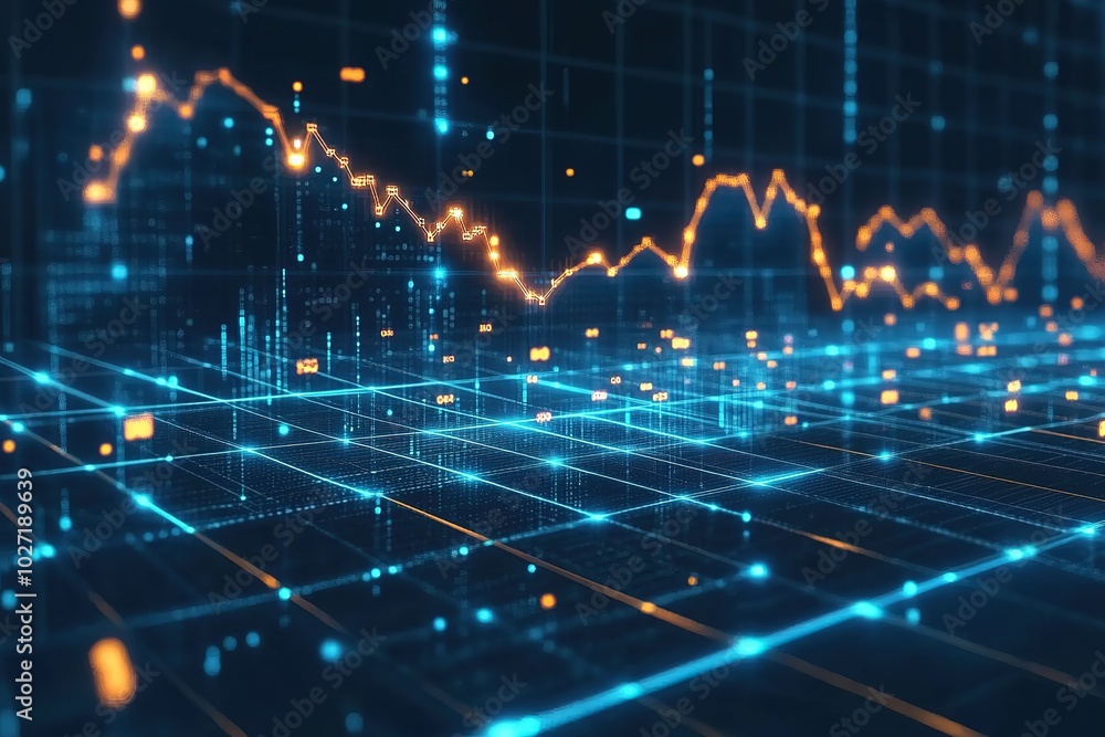 Poster blue grid background with glowing data points and graphs, symbolizing digital technology or social m