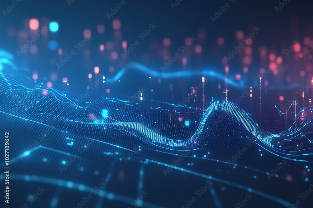 Poster blue grid background with glowing data points and graphs, symbolizing digital technology or social m