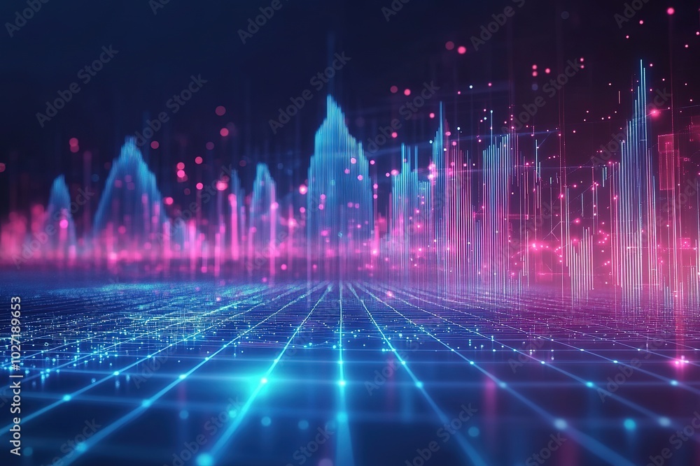 Poster blue grid background with glowing data points and graphs, symbolizing digital technology or social m