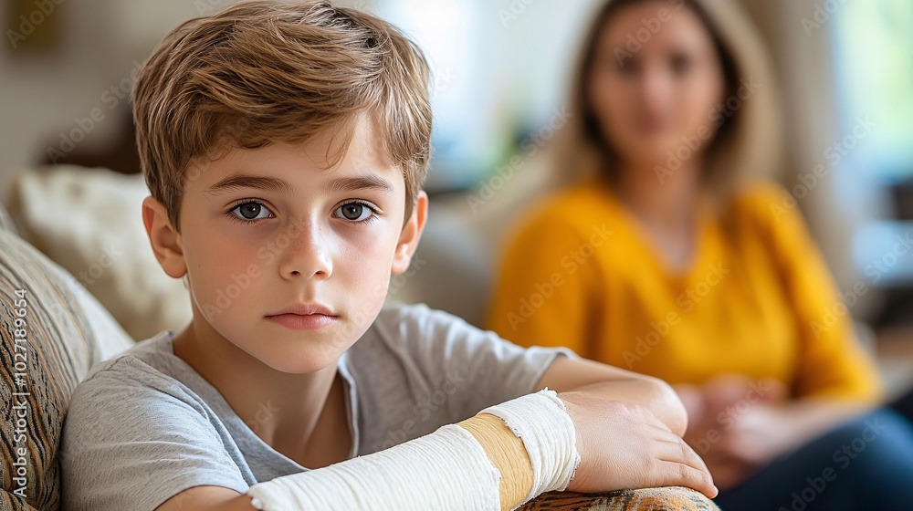 Aufkleber child with a cast on his wrist sitting on a couch with his parent helping to support the injured arm