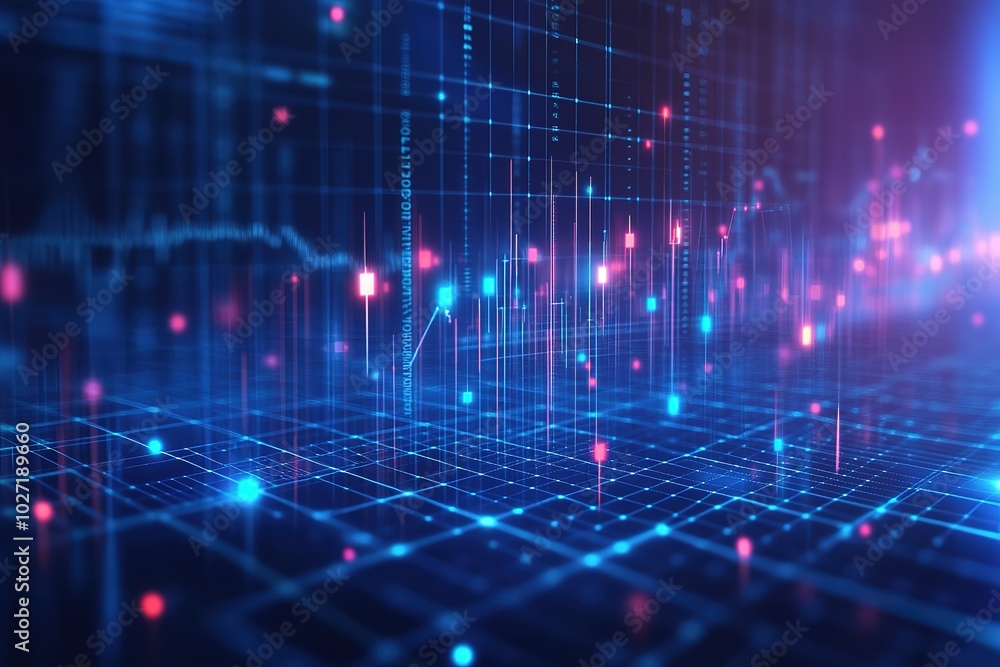 Poster blue grid background with glowing data points and graphs, symbolizing digital technology or social m