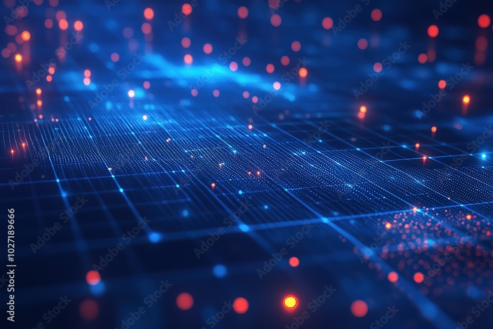 Poster blue grid background with glowing data points and graphs, symbolizing digital technology or social m