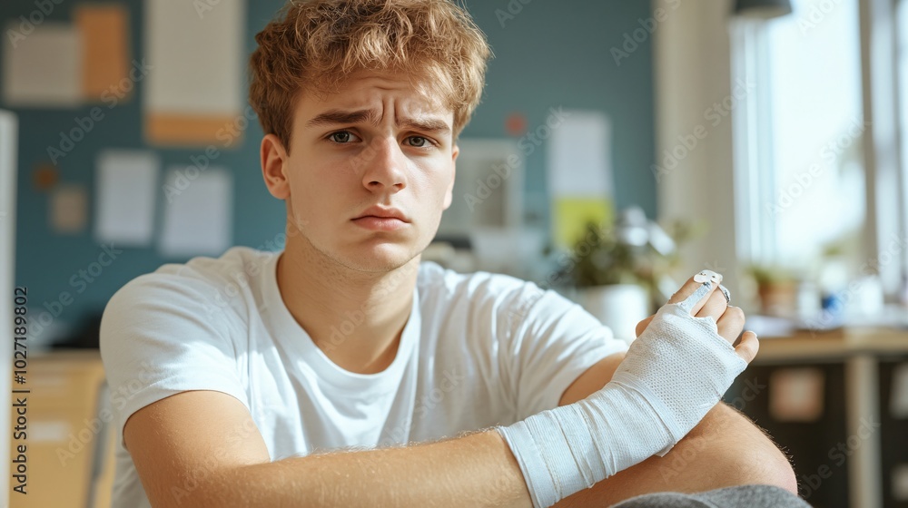 Aufkleber man with a finger splint sitting in his office looking concerned about returning to work stock photo