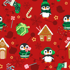 Seamless Pattern with cute cartoon Christmas penguins and Christmas gingerbread on a red background. For decoration textile, packaging.