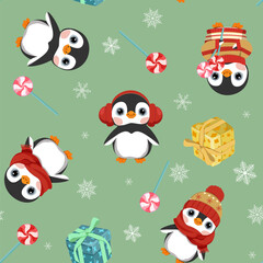 Seamless Pattern with cute cartoon Christmas penguins and Christmas gifts on a green background. For decoration textile, packaging.