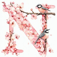 Isolated on white background, letter N decorated with delicate cherry blossoms and tiny birds, creating a soft,