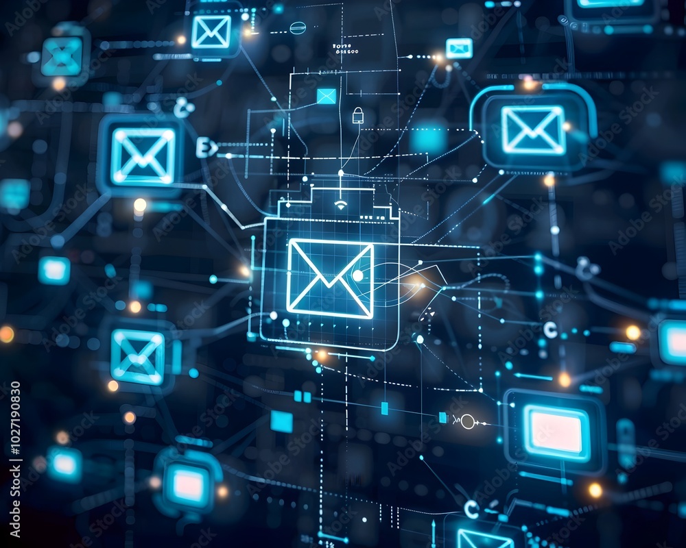 Poster email icon integrated into a digital network symbolizing omnipresent modern communication