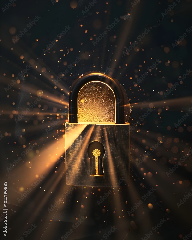 Poster padlock icon emits rays of light symbolizing secure access to hidden knowledge