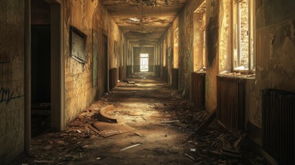Fototapeta premium A long, dusty hallway in an abandoned building. Light streams in through the broken windows, illuminating the debris on the floor.