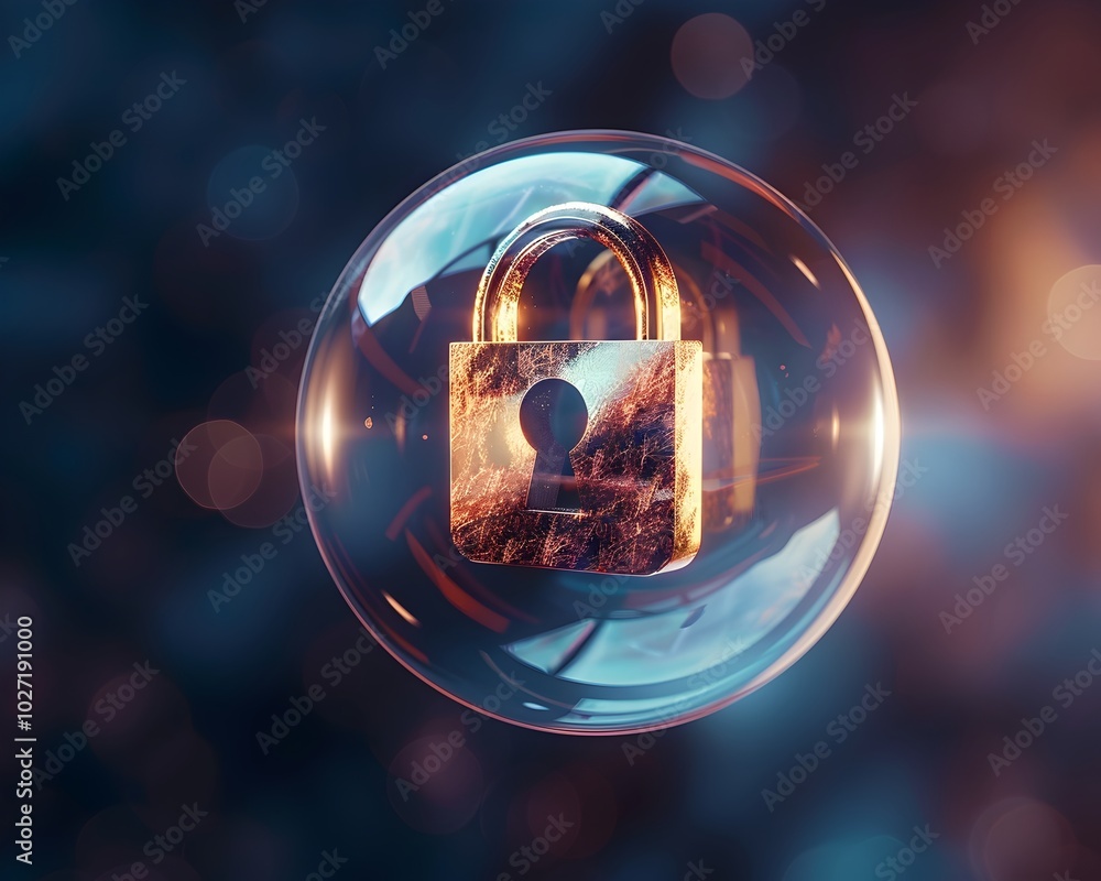 Poster padlock icon floating in a protective digital bubble representing online privacy and security