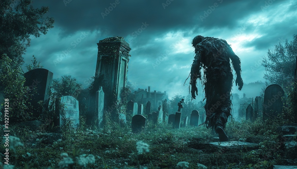 Canvas Prints A zombie walks through a graveyard at night.