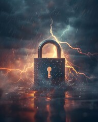 Resilient Padlock Icon Endures Stormy Conditions Symbolizing Unbreakable Security