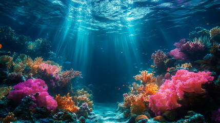 Obraz premium An enchanting underwater scene filled with colorful coral reefs, diverse marine life, and soft rays of sunlight filtering through the water, showcasing ocean beauty.