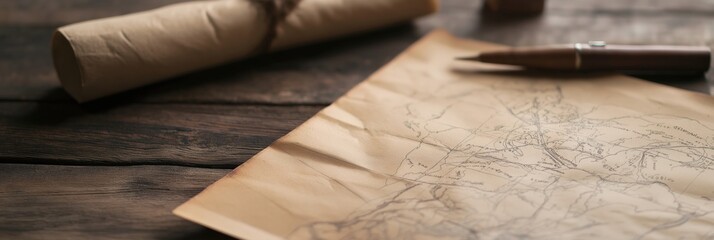 A vintage map unfurled on a rustic wooden table, with a nearby pen, evokes a sense of adventure and discovery, illustrating planning and exploration.