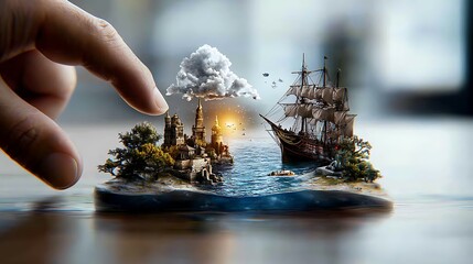 An intricate underwater scene depicting a treasure hunter searching for a needle among sunken ships and artifacts, highlighting the adventure and mystery of underwater exploration and the quest 