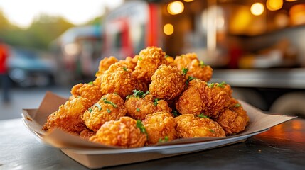 Crispy Fried Cauliflower Bites with Parsley on a Brown Paper-lined Plate