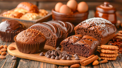 Delicious chocolate cake, muffins and cookies lying on wooden table for national pastry day