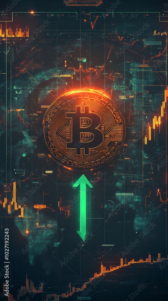 Poster bitcoin logo centered a glowing digital world map with a bold upwardtrending green arrow piercing th