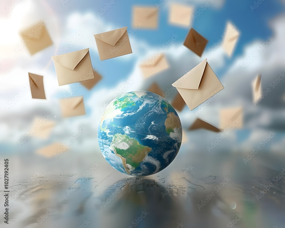 Poster global email communication concept with floating envelopes and 3d earth globe icon