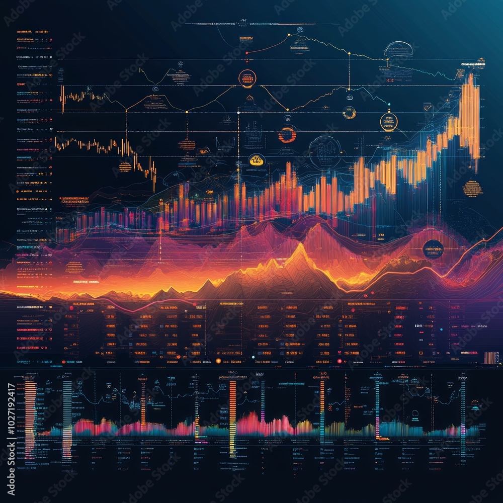 Wall mural Abstract data visualization with mountains and graphs.