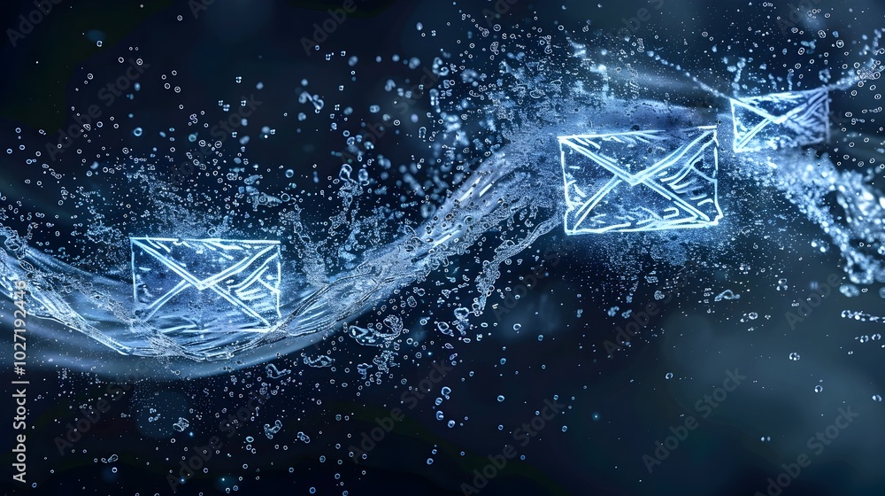 Poster surging digital wave carrying email icon symbolizing constant flow of electronic messages