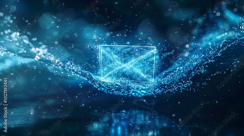 Poster digital email icon emerging from fluid wave with water droplet envelopes symbolizing messaging flow