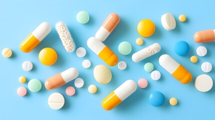 A colorful arrangement of various pills and capsules on a blue background, representing health and medication.