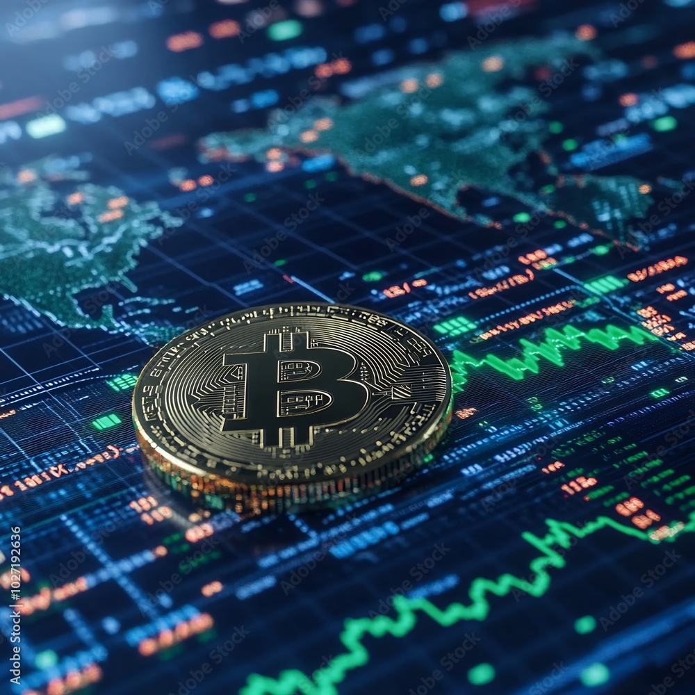 Poster bold bitcoin icon a transparent market chart green upwardtrending arrow symbolizing rising prices da
