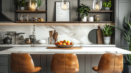 Grey cabinets, white marble countertop with a wood top and two leather bar stool in front of it. Hanging over the island is a pendant light with glass shades and metal frame. Behind the kitchen table.