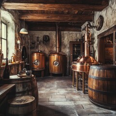Naklejka premium Small brewery, rustic interior, wooden barrels and copper kettles in production